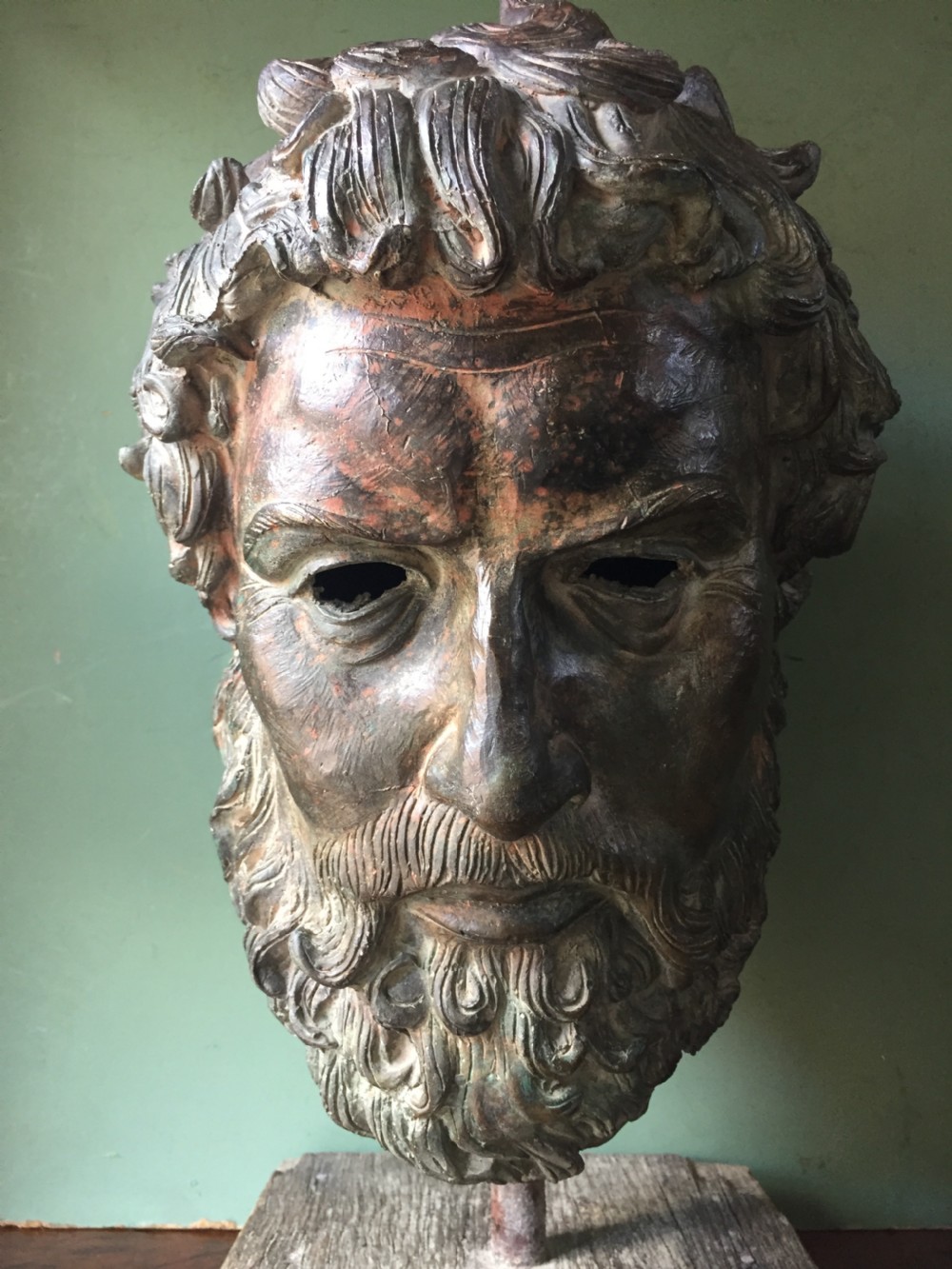 Early C20th verdigris bronze bust or head study of a Greek God or Spartan . View XVII