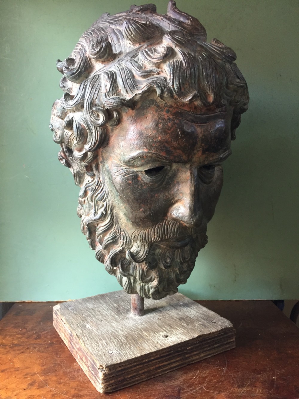 Early C20th verdigris bronze bust or head study of a Greek God or Spartan . View XVIII