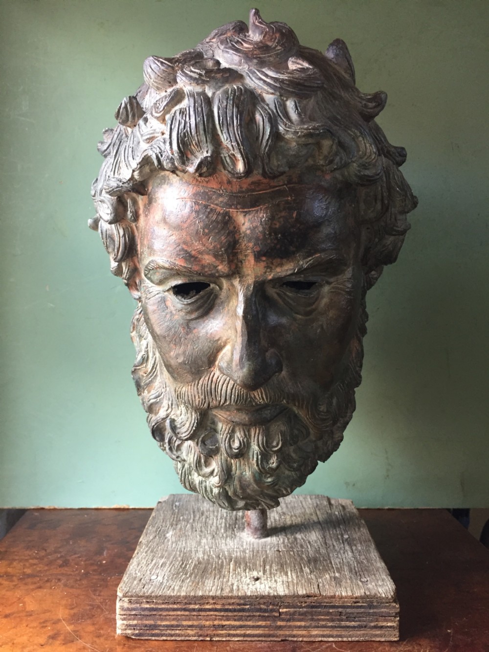 Early C20th verdigris bronze bust or head study of a Greek God or Spartan . View XIX