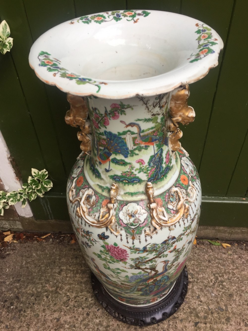 Large scale C19th Chinese Cantonese porcelain enamel decorated vase on hardwood stand in repaired 'country house' condition . View IV