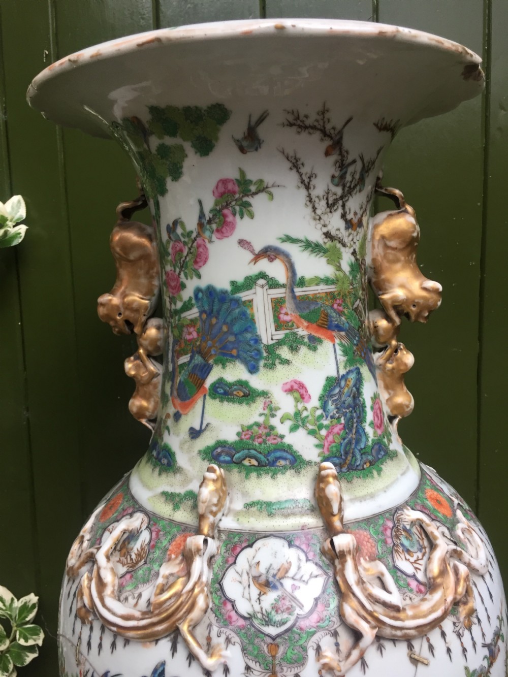 Large scale C19th Chinese Cantonese porcelain enamel decorated vase on hardwood stand in repaired 'country house' condition . View VI