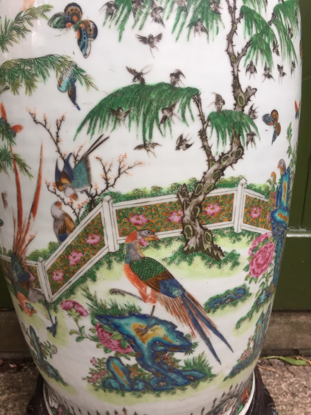 Large scale C19th Chinese Cantonese porcelain enamel decorated vase on hardwood stand in repaired 'country house' condition . View XI