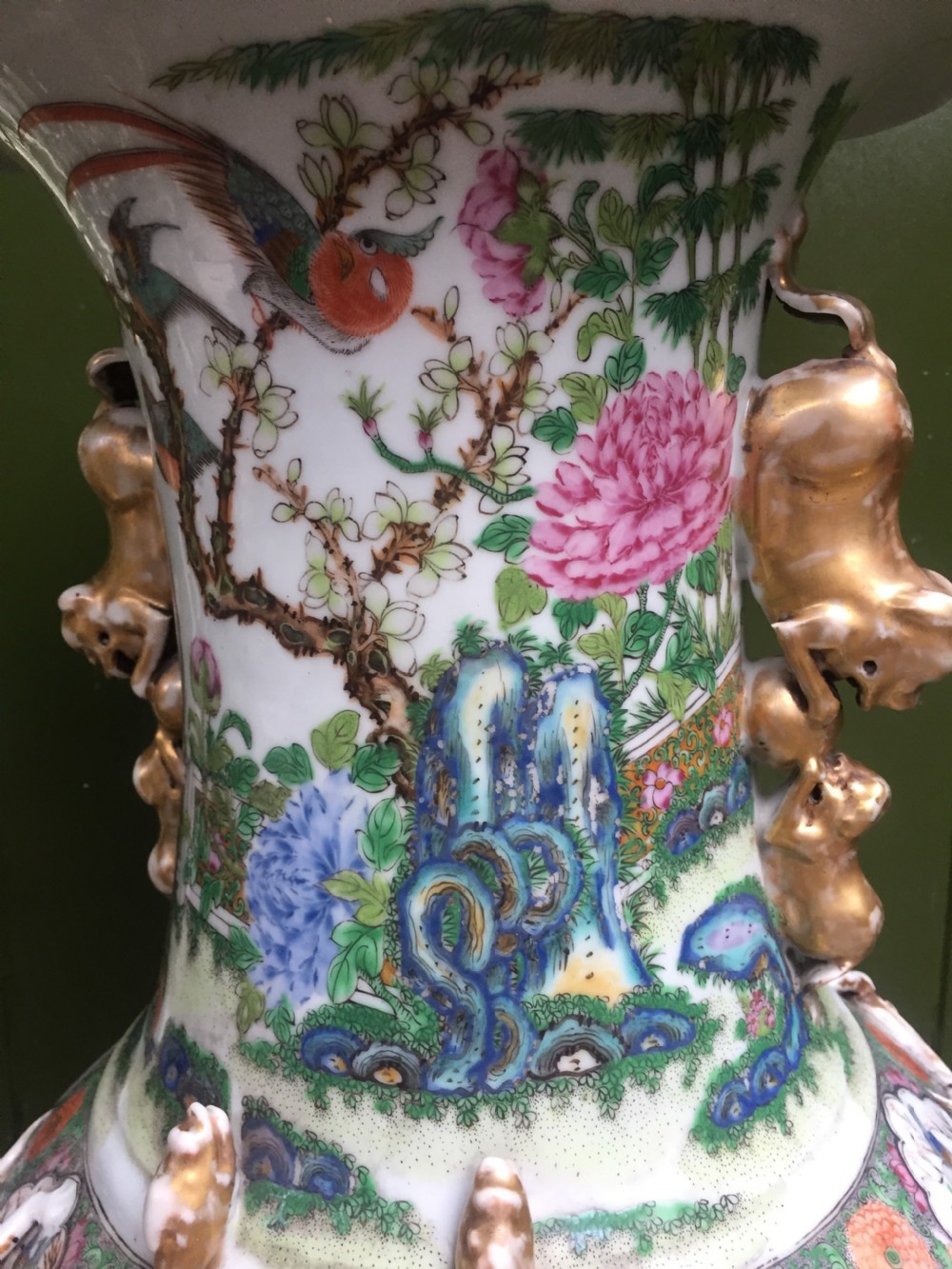 Large scale C19th Chinese Cantonese porcelain enamel decorated vase on hardwood stand in repaired 'country house' condition . View XIII