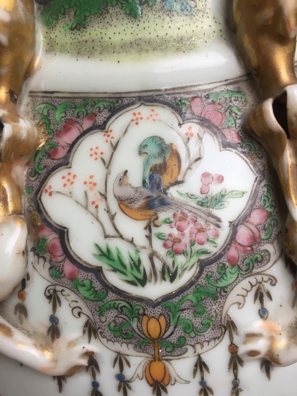 Large scale C19th Chinese Cantonese porcelain enamel decorated vase on hardwood stand in repaired 'country house' condition . View XIV