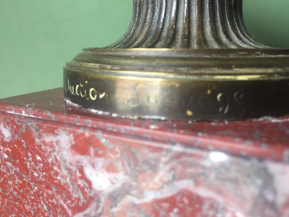A nineteenth-century dark bronze reduction of the Warwick Vase with Bacchanalian masks and vine handles, mounted on a red marble square base. View XIV