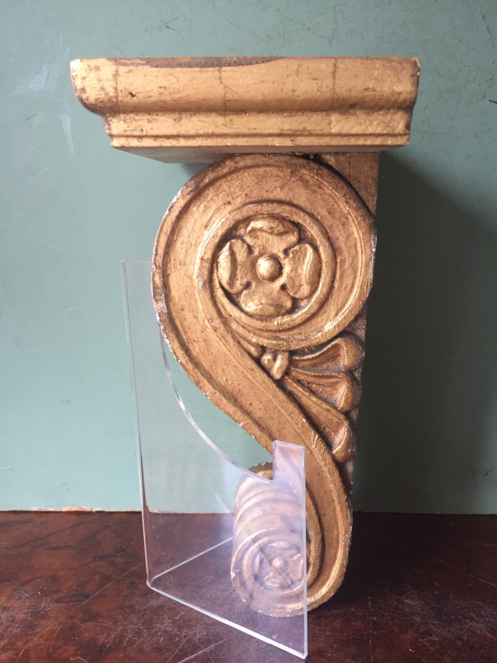 Useful pair of decorative mid C19th giltwood corbel display brackets of classical design. View III