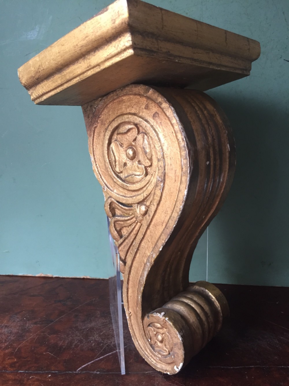 Useful pair of decorative mid C19th giltwood corbel display brackets of classical design. View V