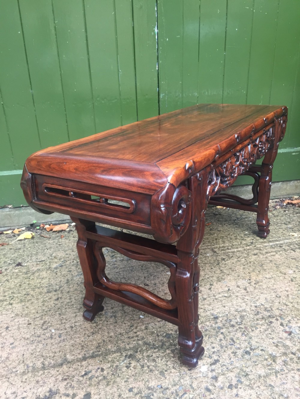 Superior quality late C19th Chinese Qing Dynasty carved hardwood 'kang' table in the form of a miniature altar table . View VII