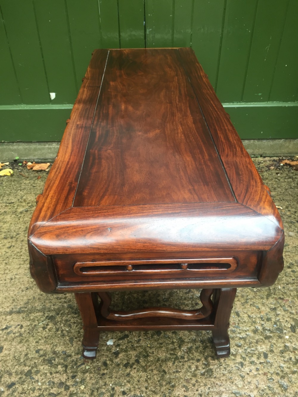 Superior quality late C19th Chinese Qing Dynasty carved hardwood 'kang' table in the form of a miniature altar table . View IX