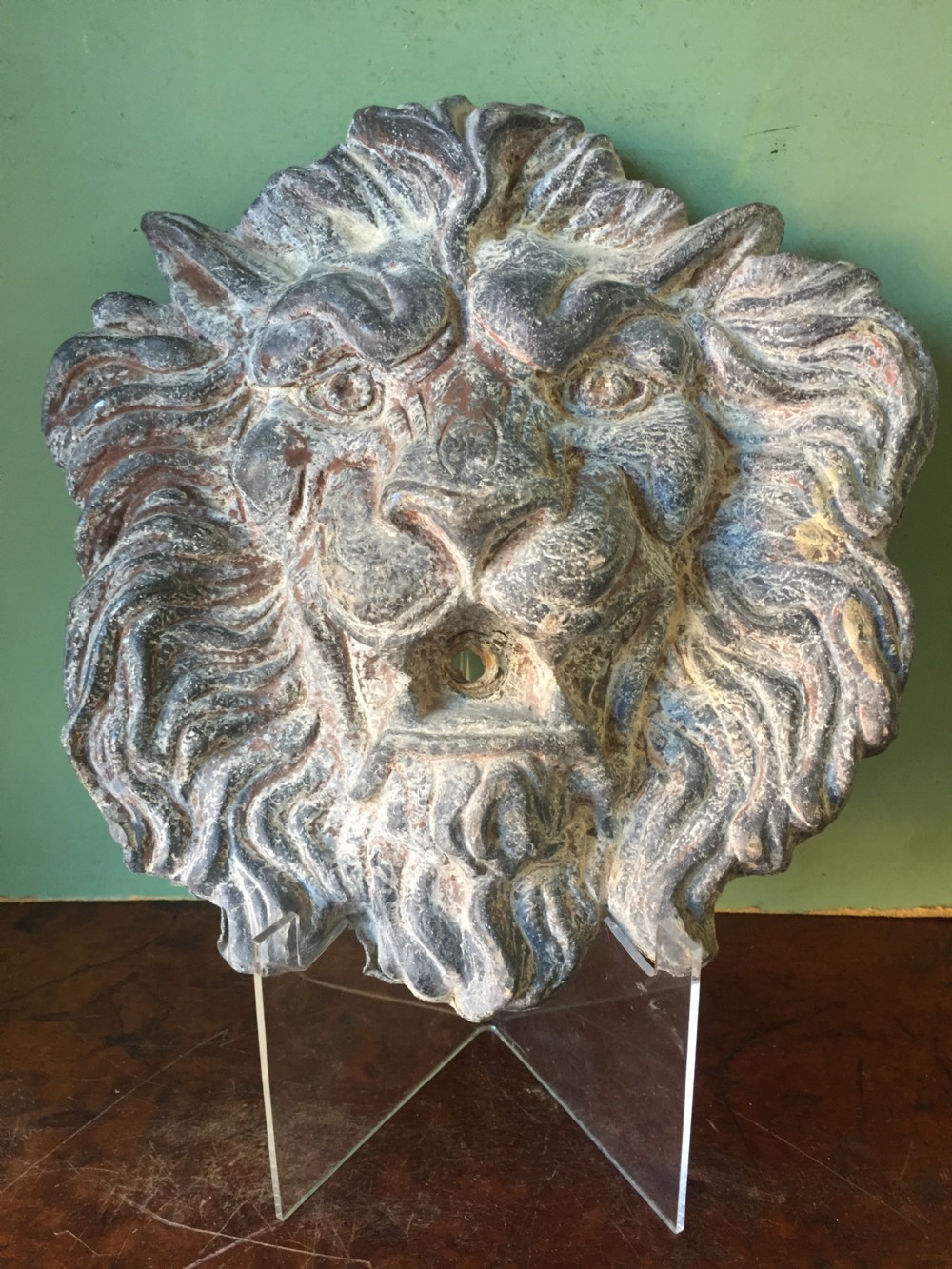 Well cast and patinated mid C19th lead lion's-mask wall-fountain head . View II