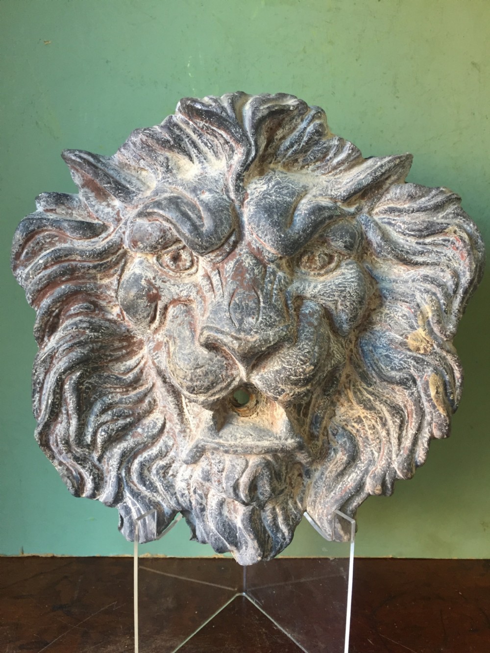 Well cast and patinated mid C19th lead lion's-mask wall-fountain head . View IV