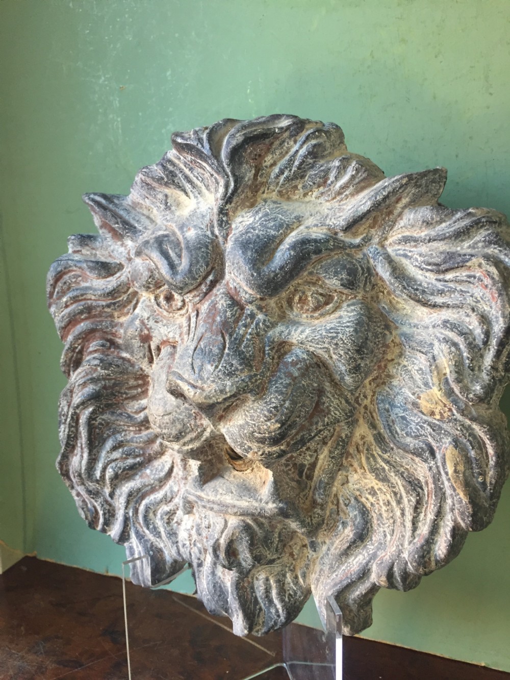 Well cast and patinated mid C19th lead lion's-mask wall-fountain head . View VI