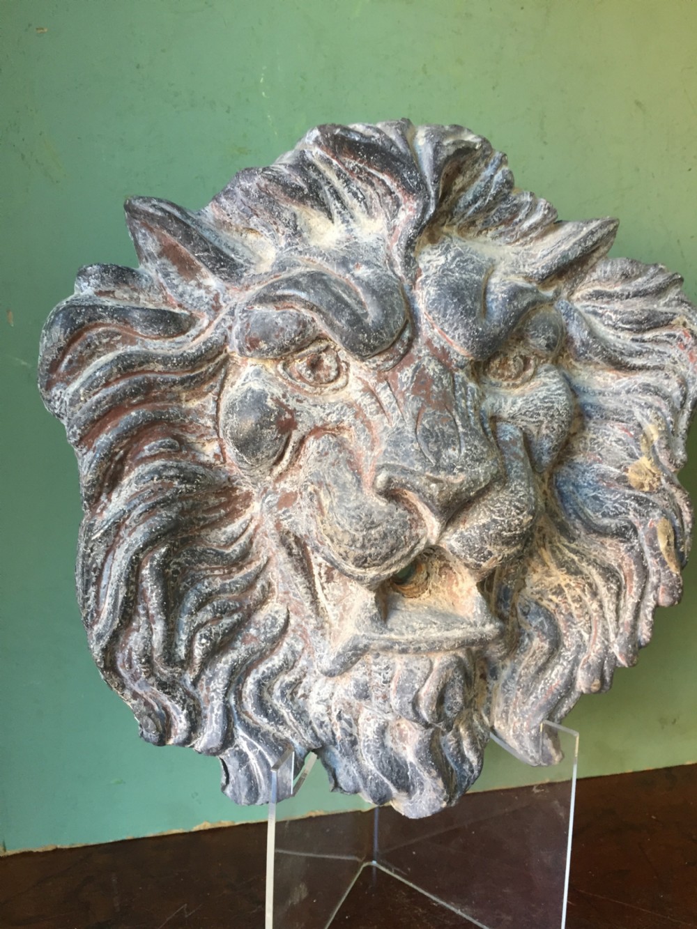 Well cast and patinated mid C19th lead lion's-mask wall-fountain head . View VII