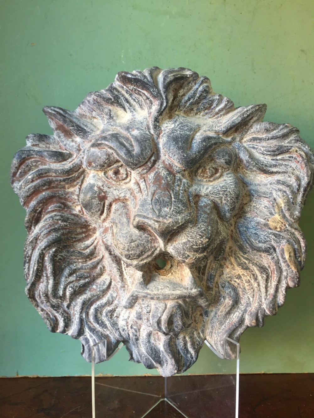 Well cast and patinated mid C19th lead lion's-mask wall-fountain head . View X
