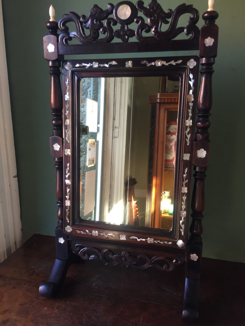 Interesting mid C19th Chinese miniature hardwood-framed vanity mirror with 'mother of pearl' inlay and ivory finials. View III