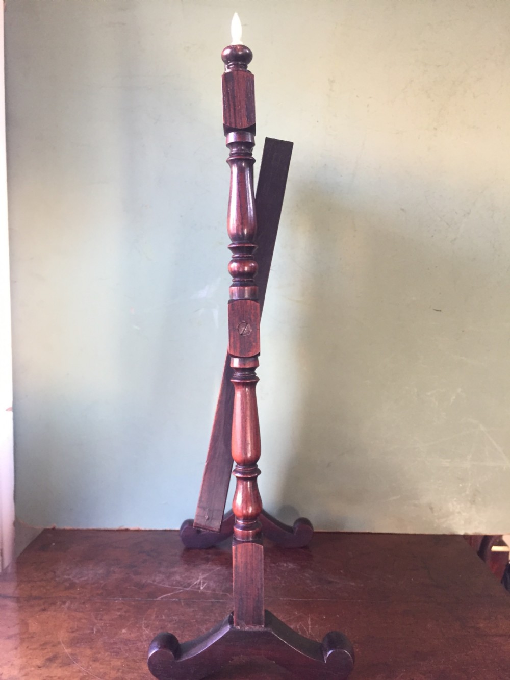 Interesting mid C19th Chinese miniature hardwood-framed vanity mirror with 'mother of pearl' inlay and ivory finials. View IV