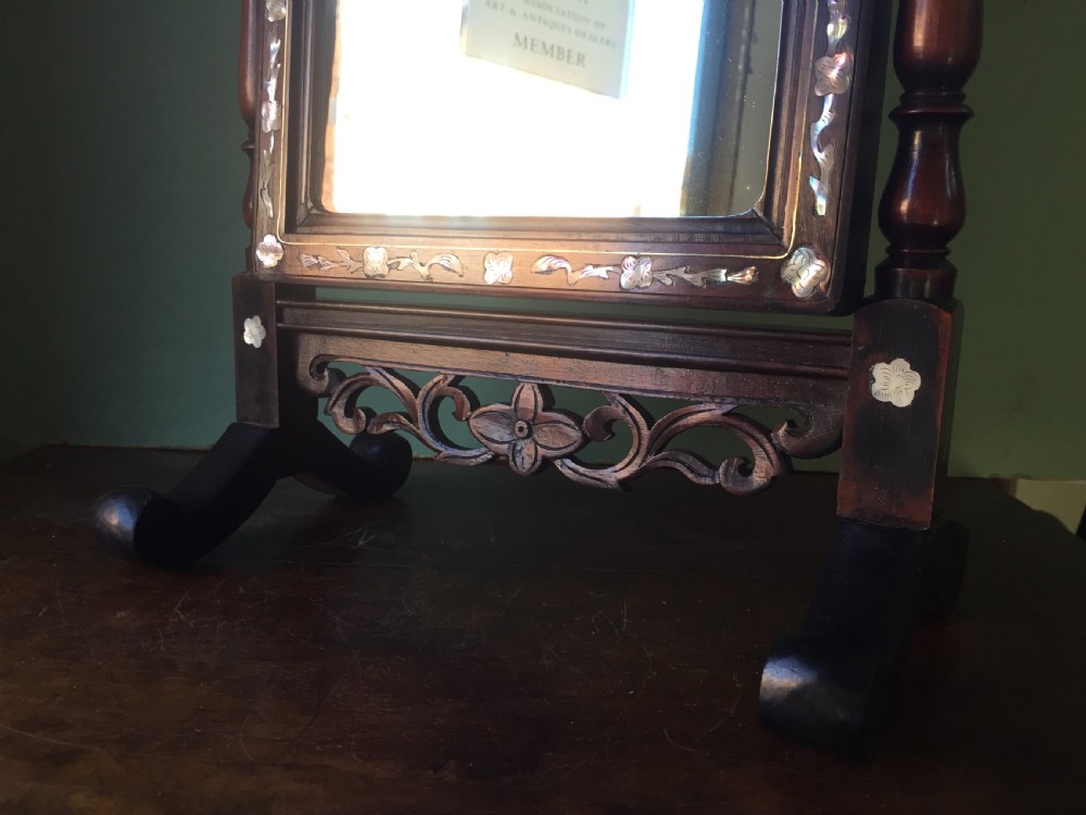 Interesting mid C19th Chinese miniature hardwood-framed vanity mirror with 'mother of pearl' inlay and ivory finials. View VI