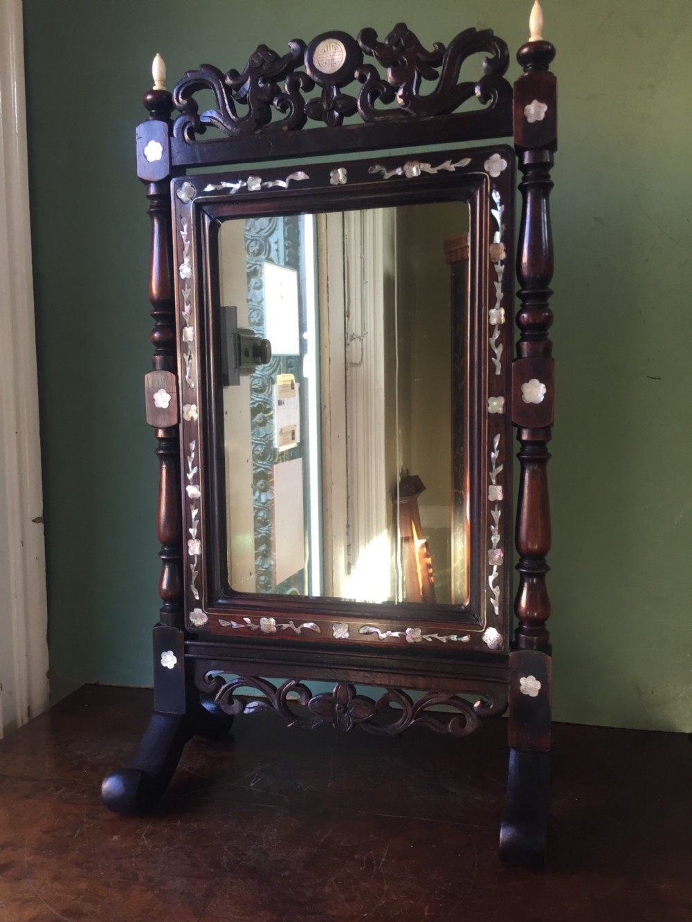 Interesting mid C19th Chinese miniature hardwood-framed vanity mirror with 'mother of pearl' inlay and ivory finials. View VII