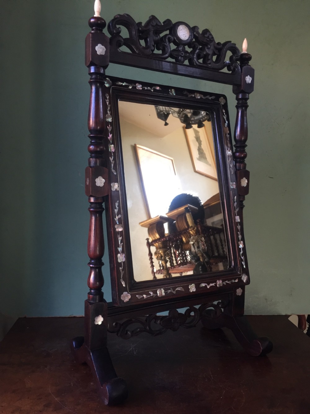Interesting mid C19th Chinese miniature hardwood-framed vanity mirror with 'mother of pearl' inlay and ivory finials. View VIII