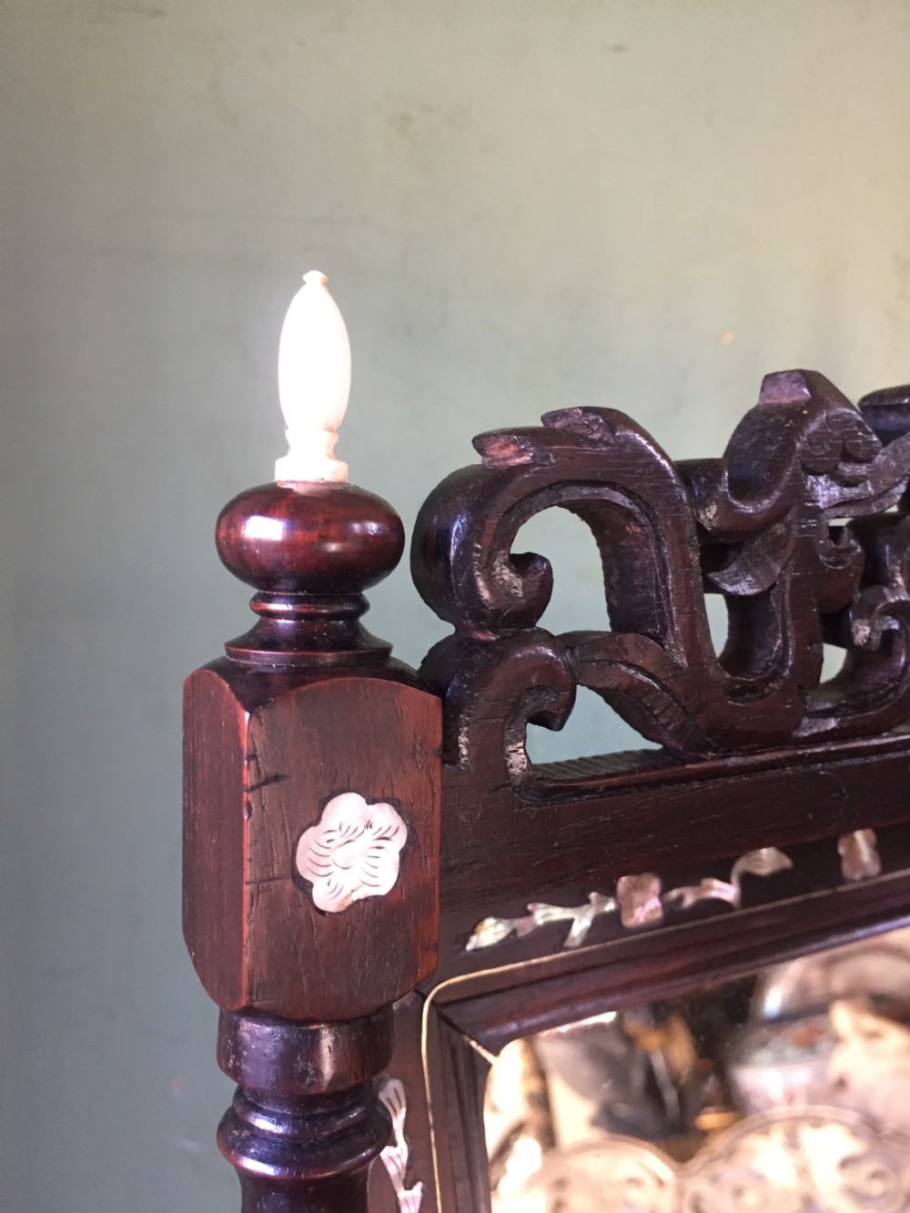 Interesting mid C19th Chinese miniature hardwood-framed vanity mirror with 'mother of pearl' inlay and ivory finials. View IX