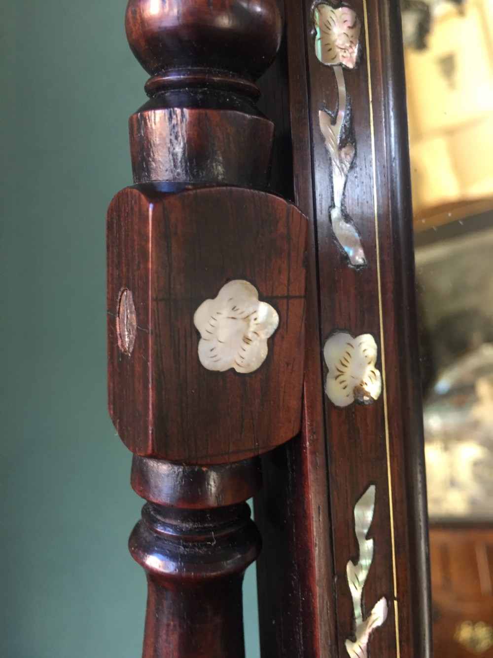 Interesting mid C19th Chinese miniature hardwood-framed vanity mirror with 'mother of pearl' inlay and ivory finials. View X