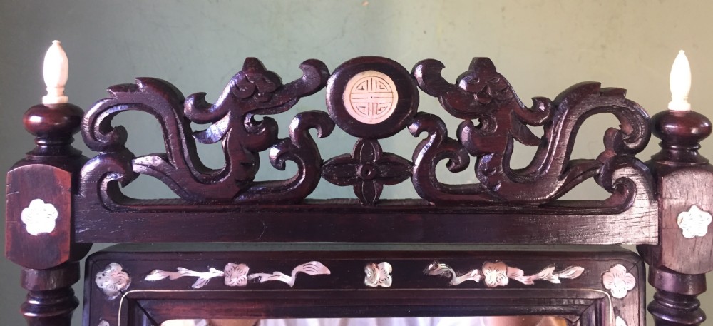 Interesting mid C19th Chinese miniature hardwood-framed vanity mirror with 'mother of pearl' inlay and ivory finials. View XI