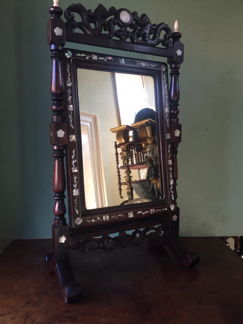 Interesting mid C19th Chinese miniature hardwood-framed vanity mirror with 'mother of pearl' inlay and ivory finials. View XII