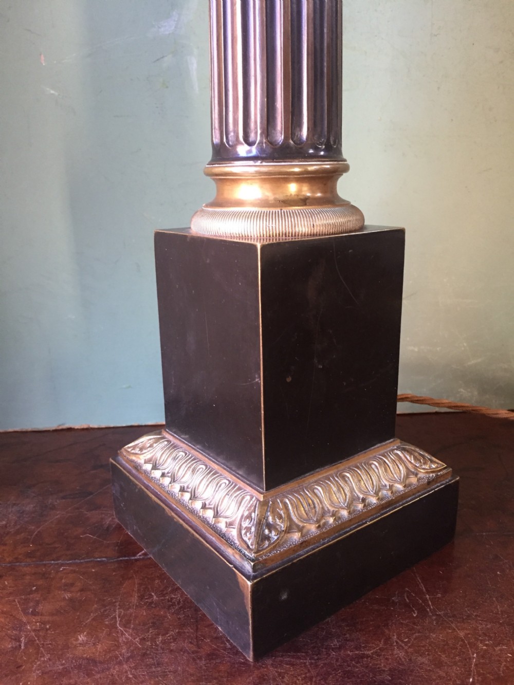 Late C19th French Empire style gilt-brass and tole-peinte table lamp by Hadrot, Paris. View II