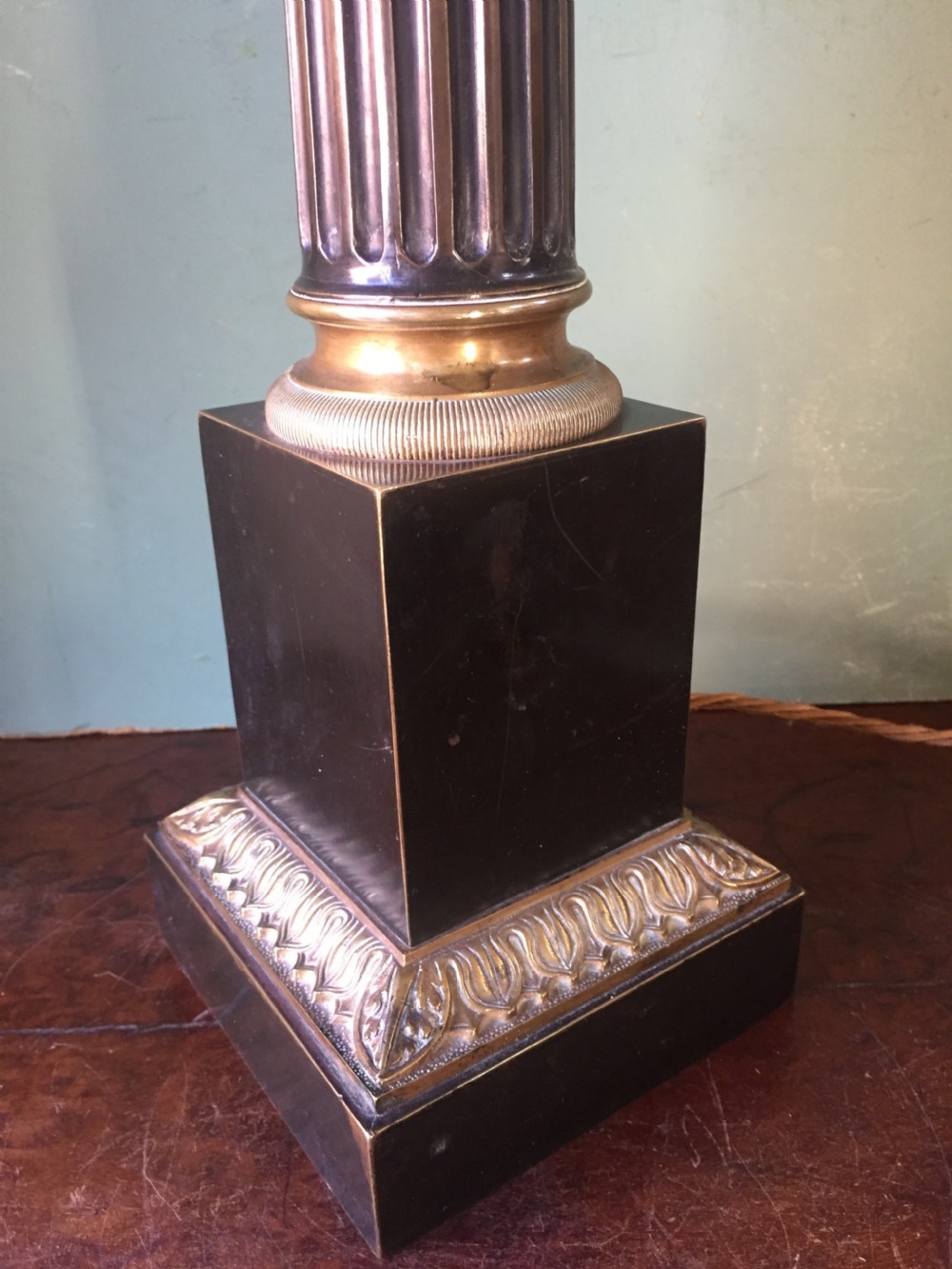 Late C19th French Empire style gilt-brass and tole-peinte table lamp by Hadrot, Paris. View IV