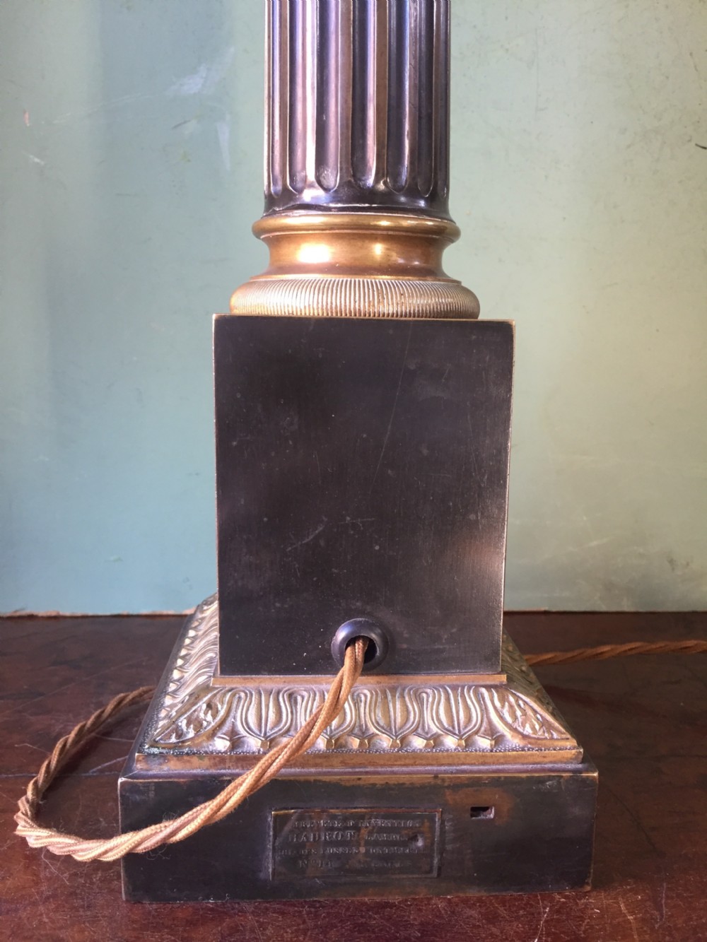 Late C19th French Empire style gilt-brass and tole-peinte table lamp by Hadrot, Paris. View VI