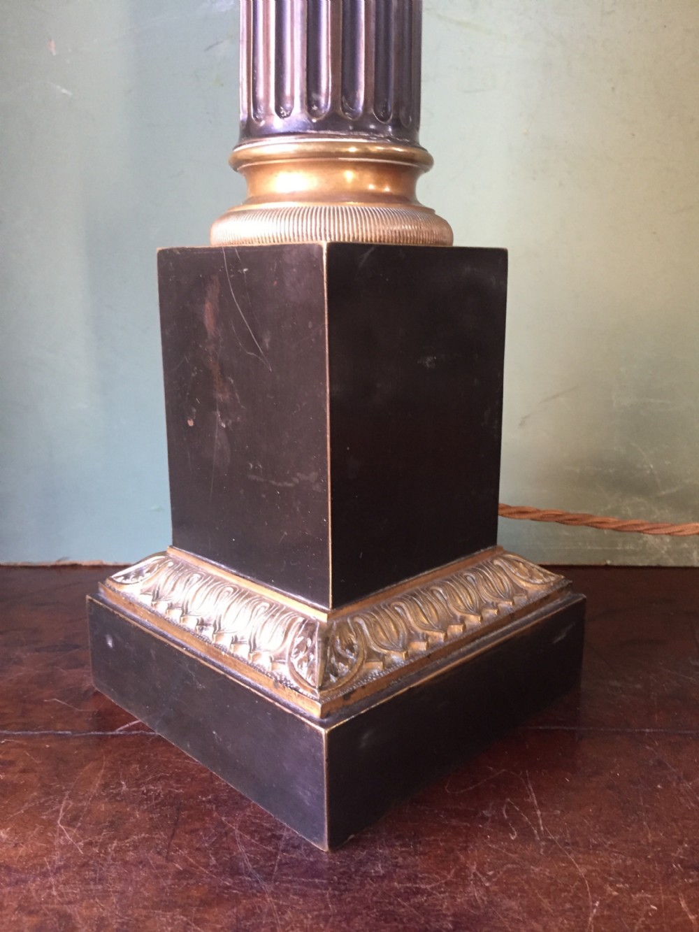 Late C19th French Empire style gilt-brass and tole-peinte table lamp by Hadrot, Paris. View XIII