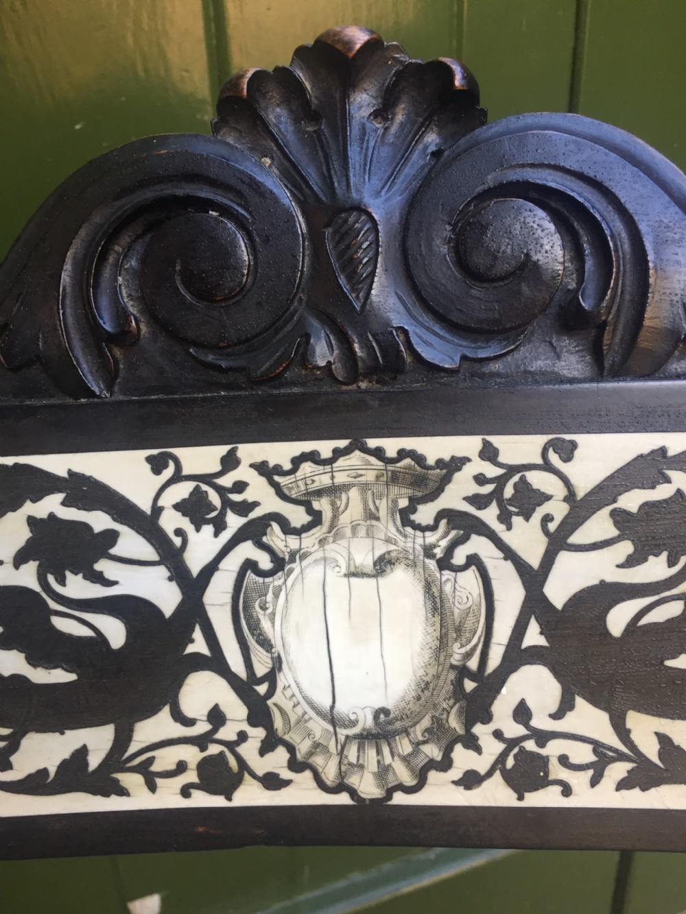 C19th Italian ebonised and ivory inlaid 'Savonarola' type armchair of Renaissance style. View IV