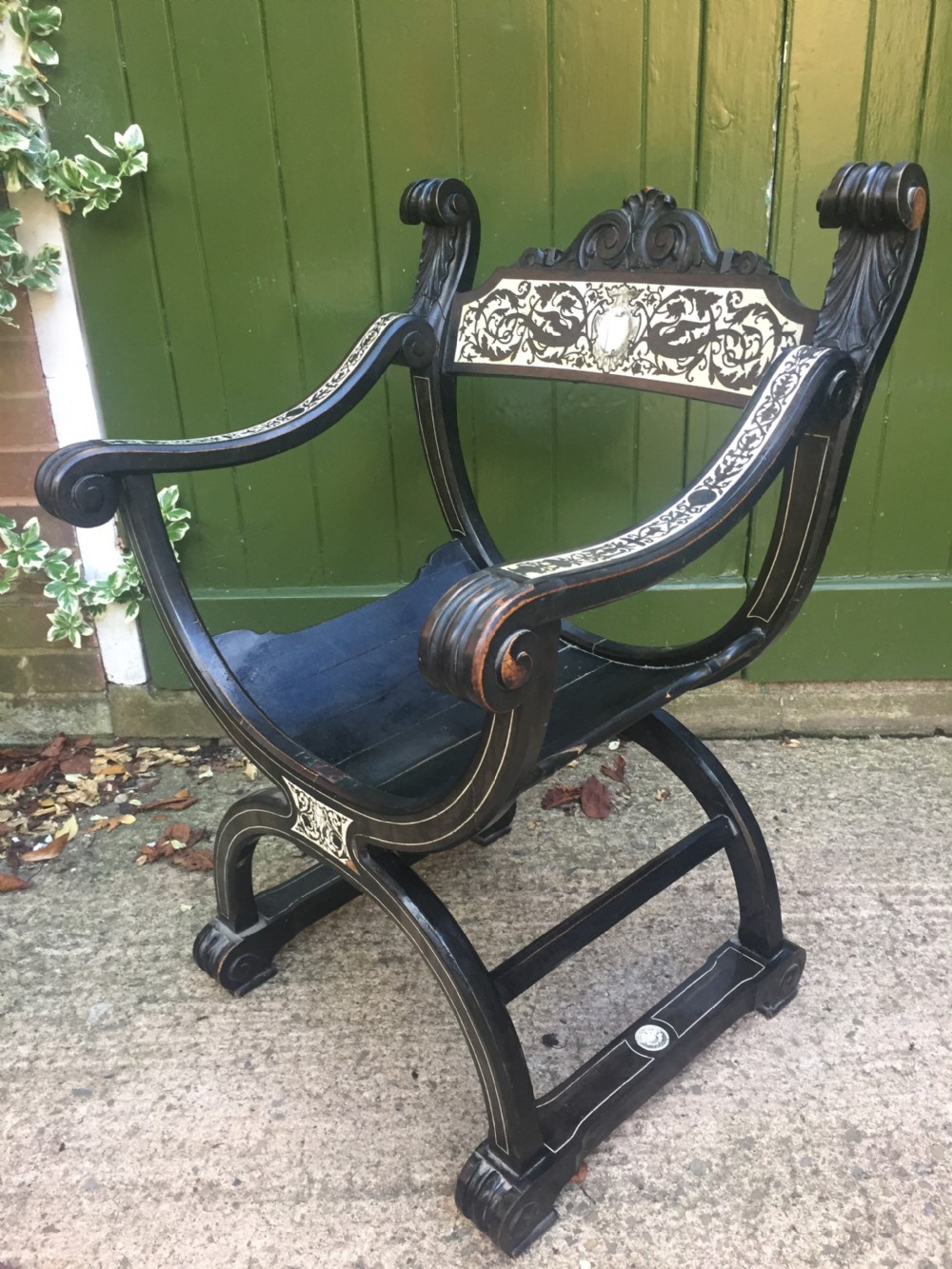 C19th Italian ebonised and ivory inlaid 'Savonarola' type armchair of Renaissance style. View V