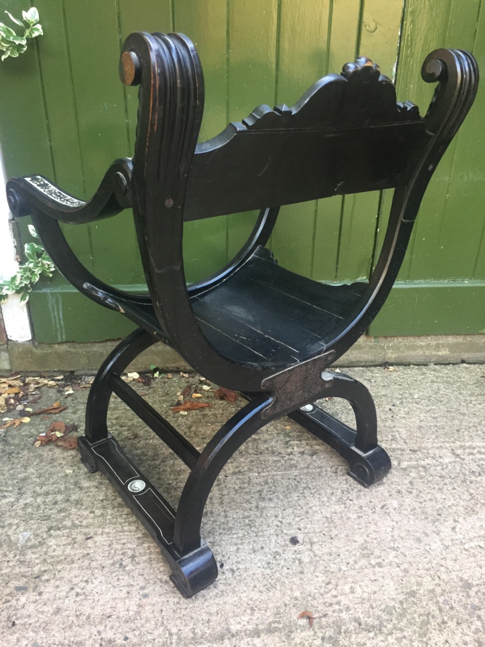 C19th Italian ebonised and ivory inlaid 'Savonarola' type armchair of Renaissance style. View VII