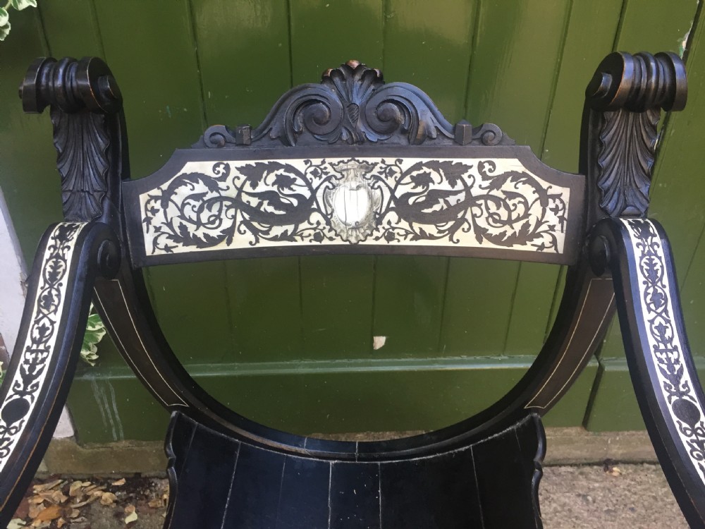 C19th Italian ebonised and ivory inlaid 'Savonarola' type armchair of Renaissance style. View X