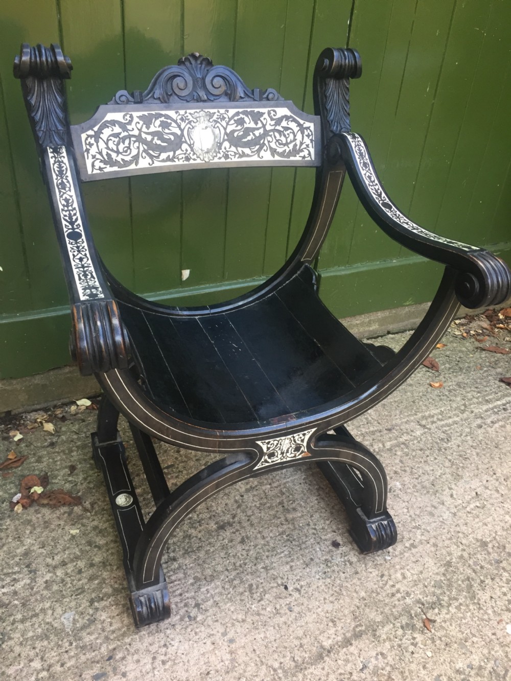C19th Italian ebonised and ivory inlaid 'Savonarola' type armchair of Renaissance style. View XI