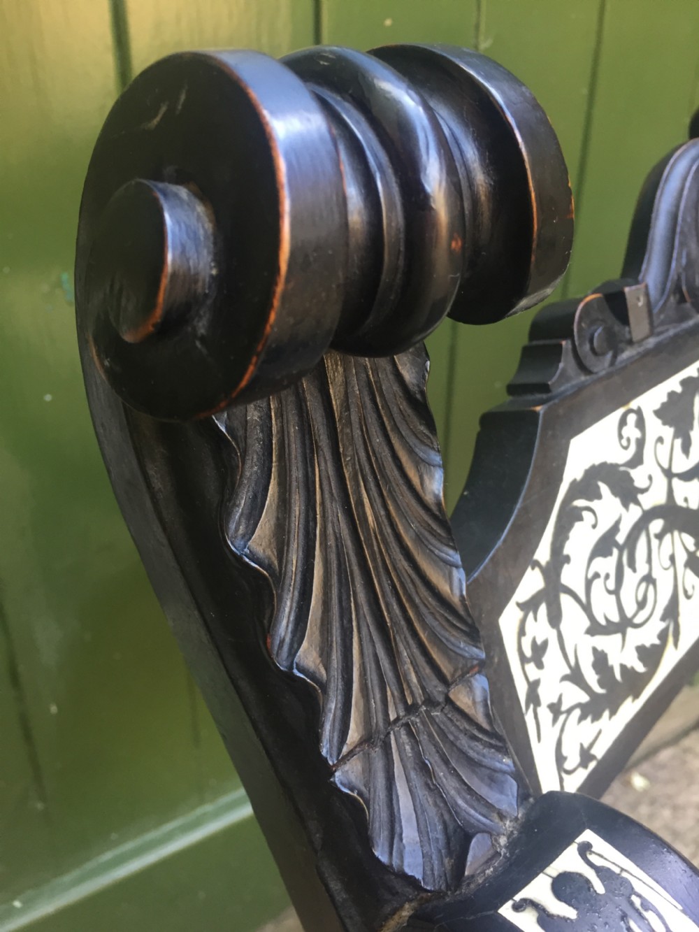 C19th Italian ebonised and ivory inlaid 'Savonarola' type armchair of Renaissance style. View XII