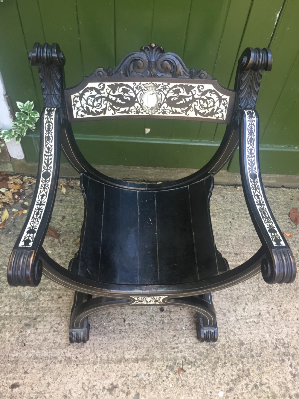 C19th Italian ebonised and ivory inlaid 'Savonarola' type armchair of Renaissance style. View XIII
