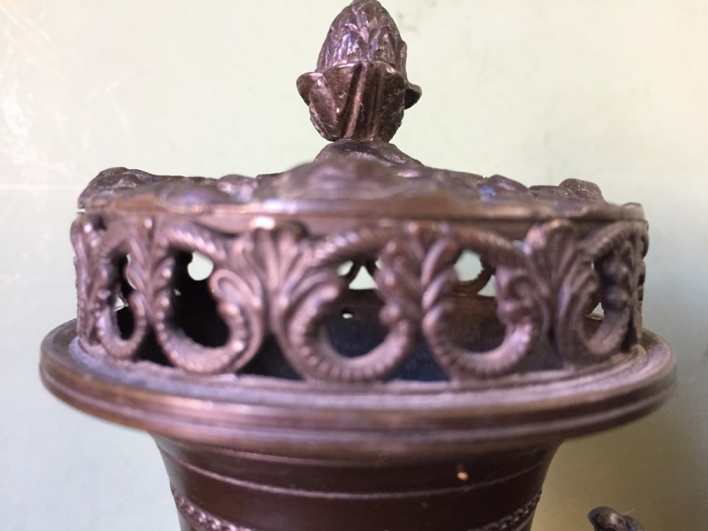 Smart pair of early C19th Regency period  bronze pastille burners of classical campana vase form . View V
