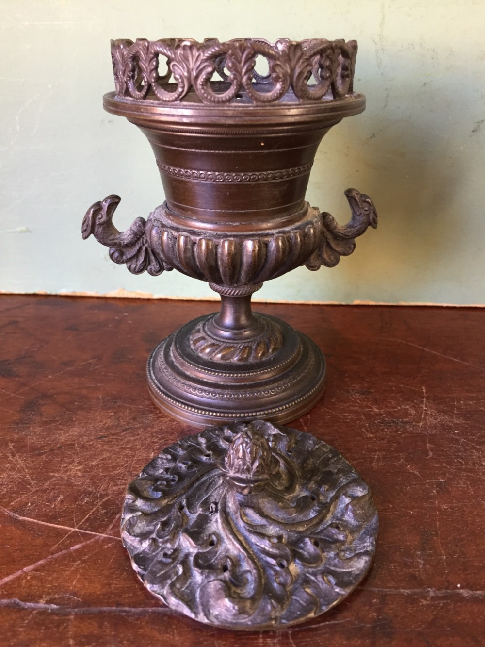 Smart pair of early C19th Regency period  bronze pastille burners of classical campana vase form . View VI