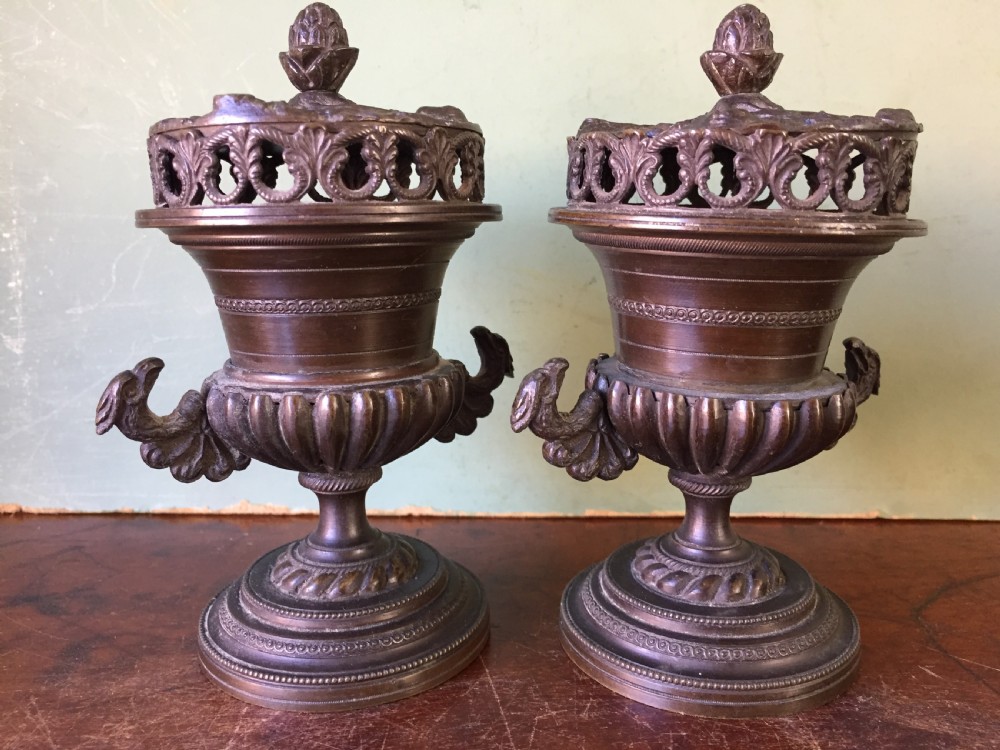 Smart pair of early C19th Regency period  bronze pastille burners of classical campana vase form . View IX