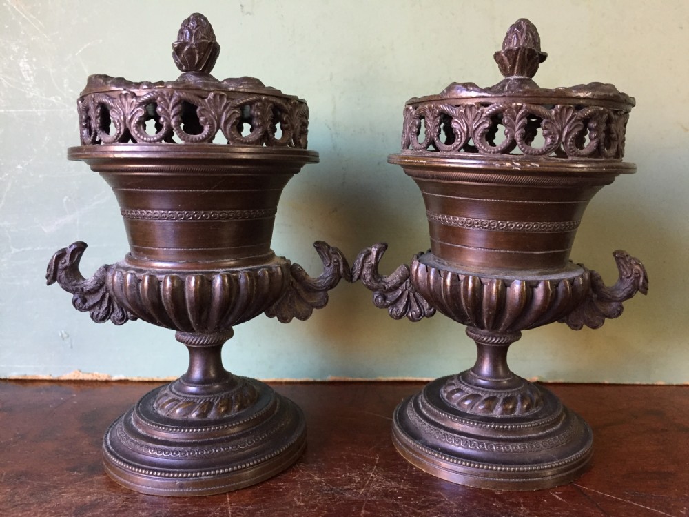 Smart pair of early C19th Regency period  bronze pastille burners of classical campana vase form . View X