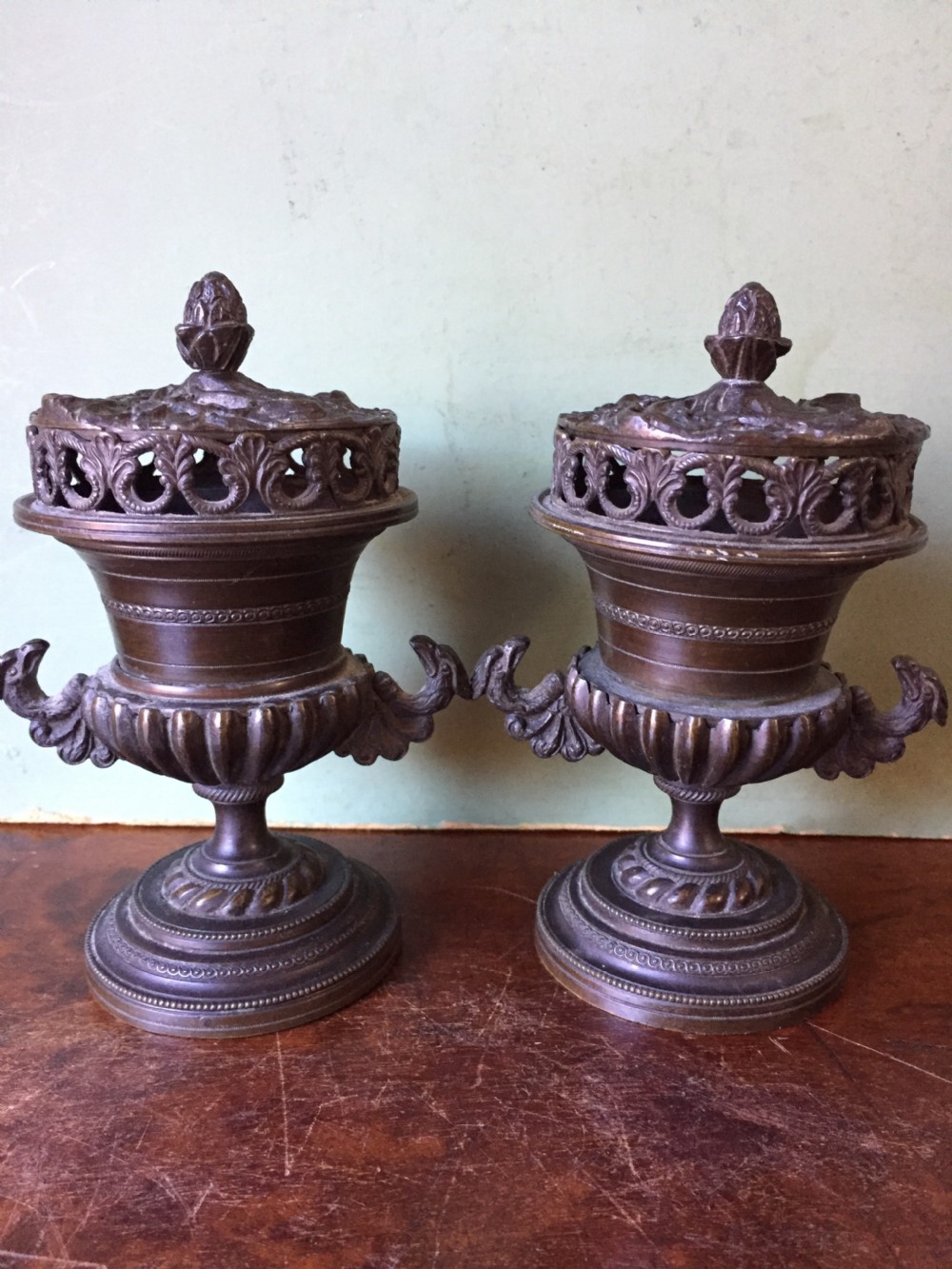 Smart pair of early C19th Regency period  bronze pastille burners of classical campana vase form . View XI