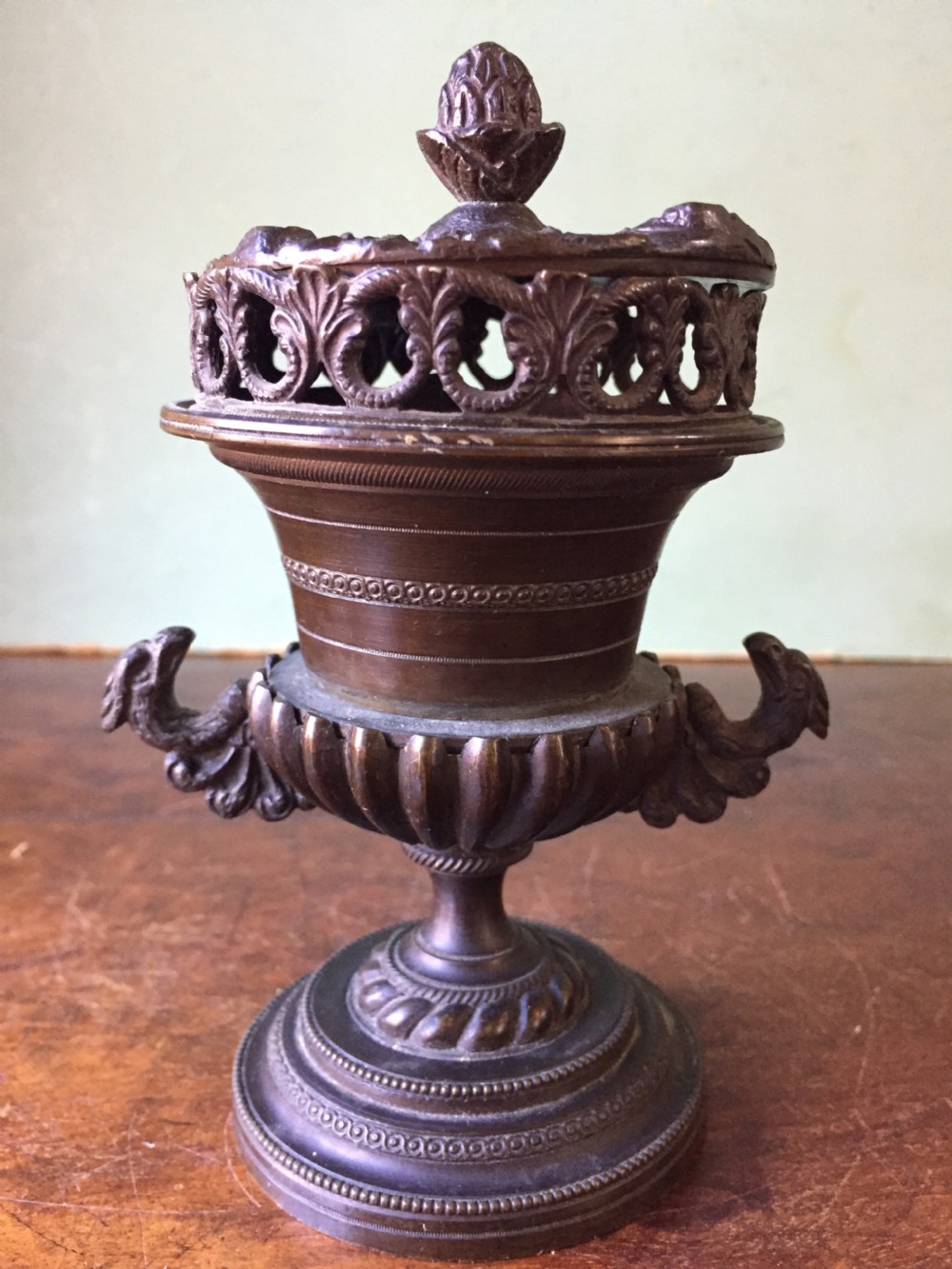 Smart pair of early C19th Regency period  bronze pastille burners of classical campana vase form . View XIII
