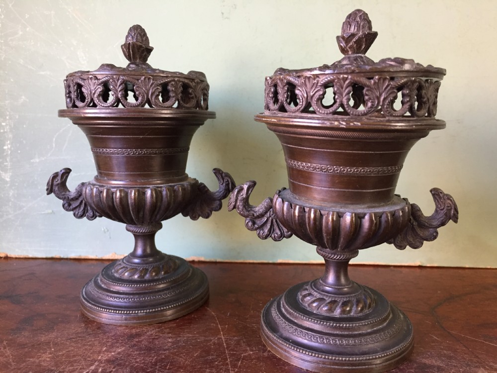 Smart pair of early C19th Regency period  bronze pastille burners of classical campana vase form .