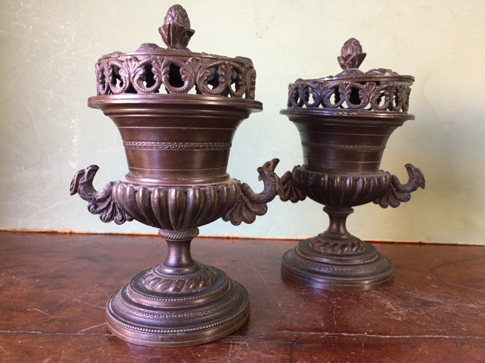 Smart pair of early C19th Regency period  bronze pastille burners of classical campana vase form . View II