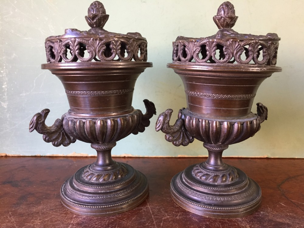 Smart pair of early C19th Regency period  bronze pastille burners of classical campana vase form . View XXI