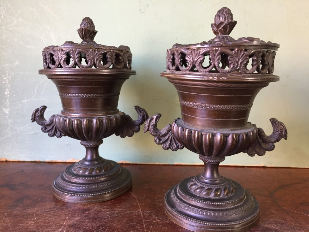 Smart pair of early C19th Regency period  bronze pastille burners of classical campana vase form . View XXII