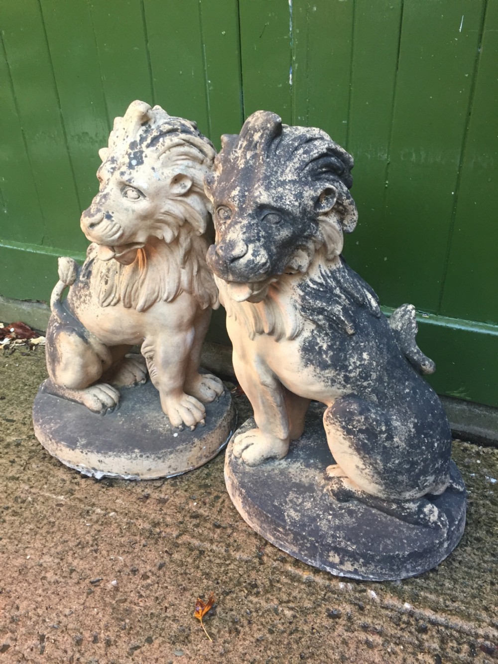 Fine and decorative pair of C19th weathered terracotta sitting lions in the C18th anthropomorphic taste. View XV