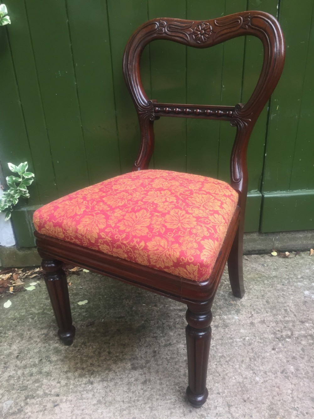 A set of six early nineteenth-century George IV mahogany dining chairs featuring carved balloon back frames, reeded legs, and red pattern upholstered seats. View XI